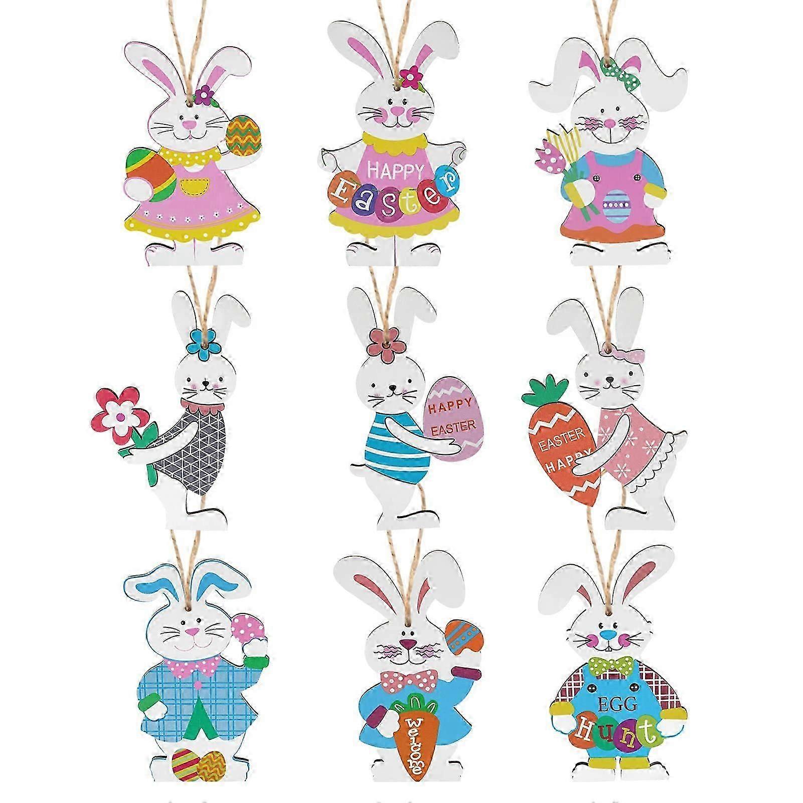9 Easter Bunny Ornaments Easter Hanging Decorations, Easter Wooden Rabbit Ornaments Hanging Easter