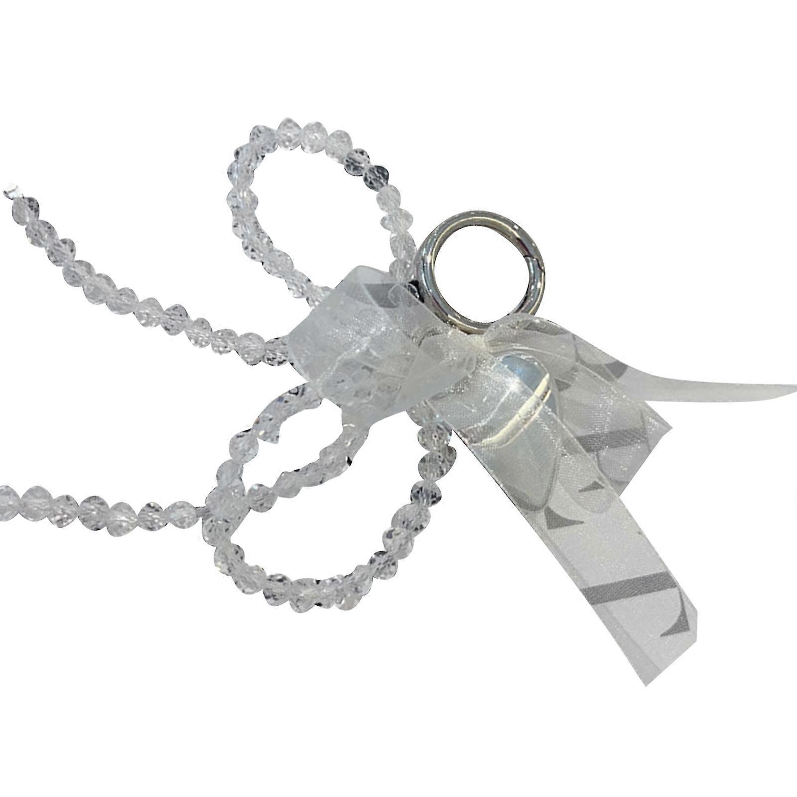 Lovely Glass Bead Bowknot Charm Strap Butterfly Knot Keychain Charm Accessory Decorative Pendant for Bags and Keys  Transparent white