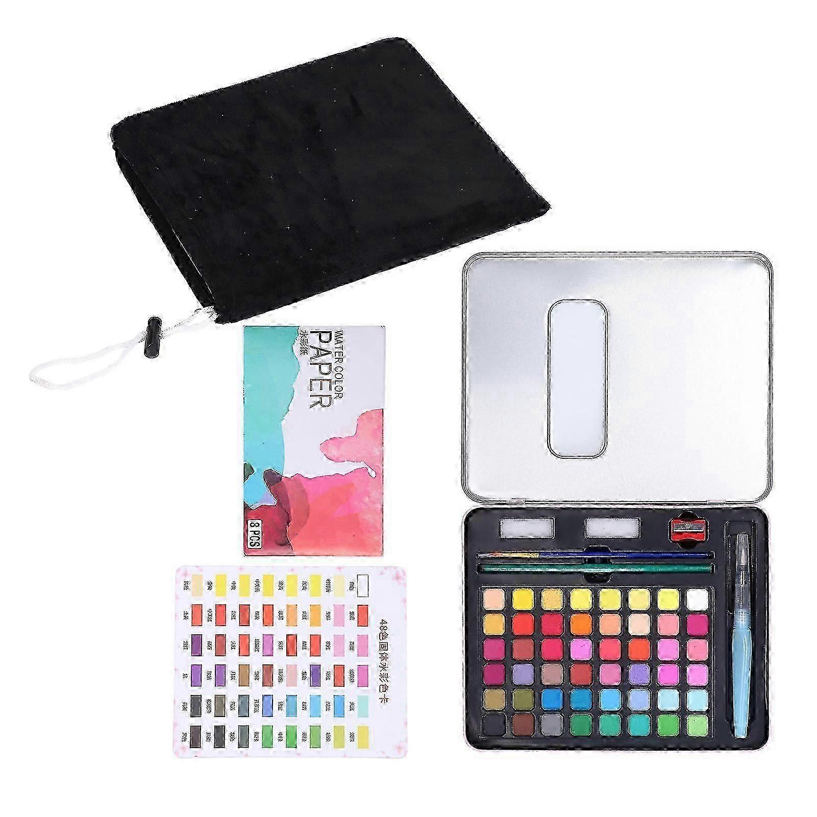 Watercolor Pigment Set 48 Color Bright Color Portable Tin Box Hardbound Water Soluble Painting Tools