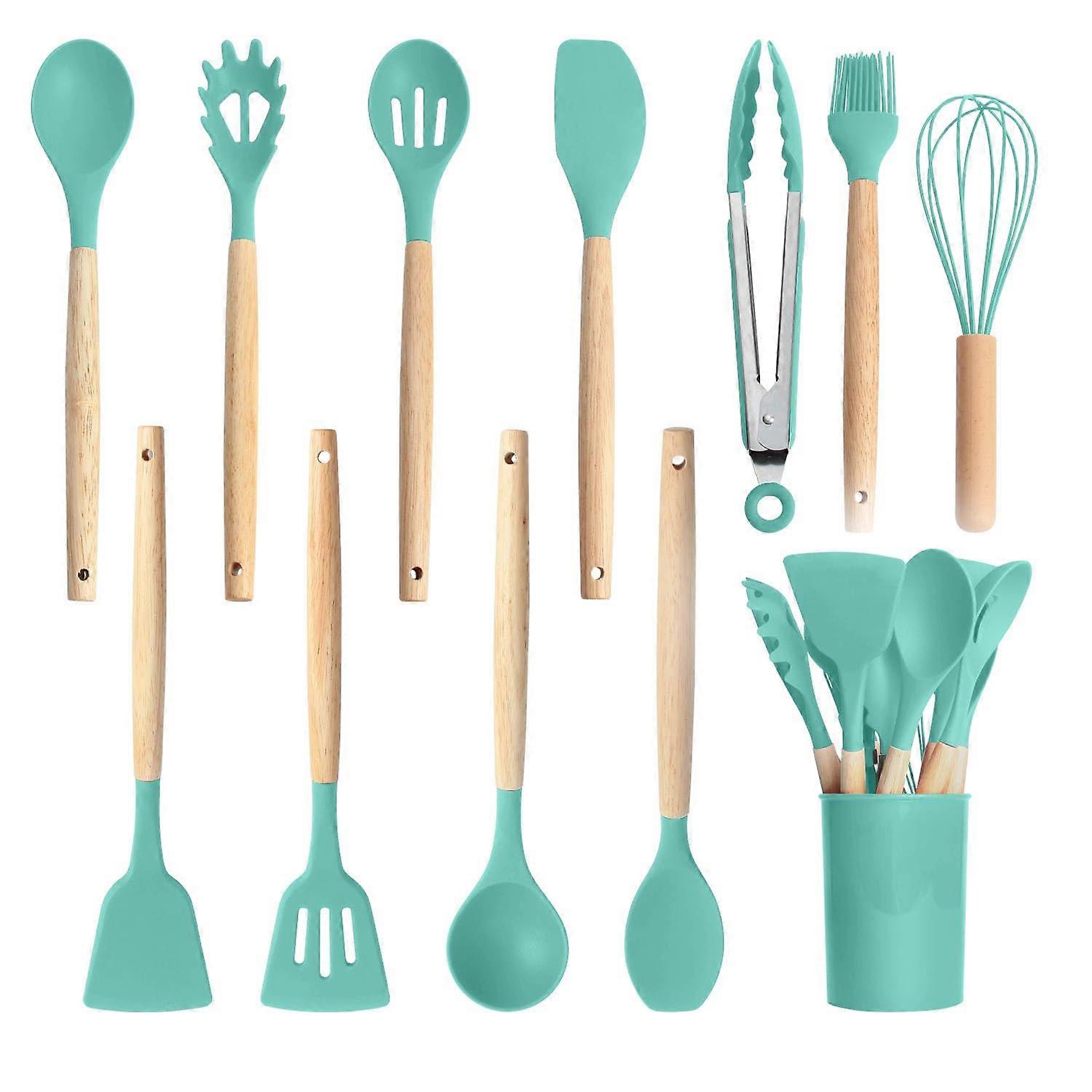 Kitchen Utensils Set 12pcs Silicone and Wood Non-Stick Cookware Gadgets in Sky Blue with Holder for Easy Storage
