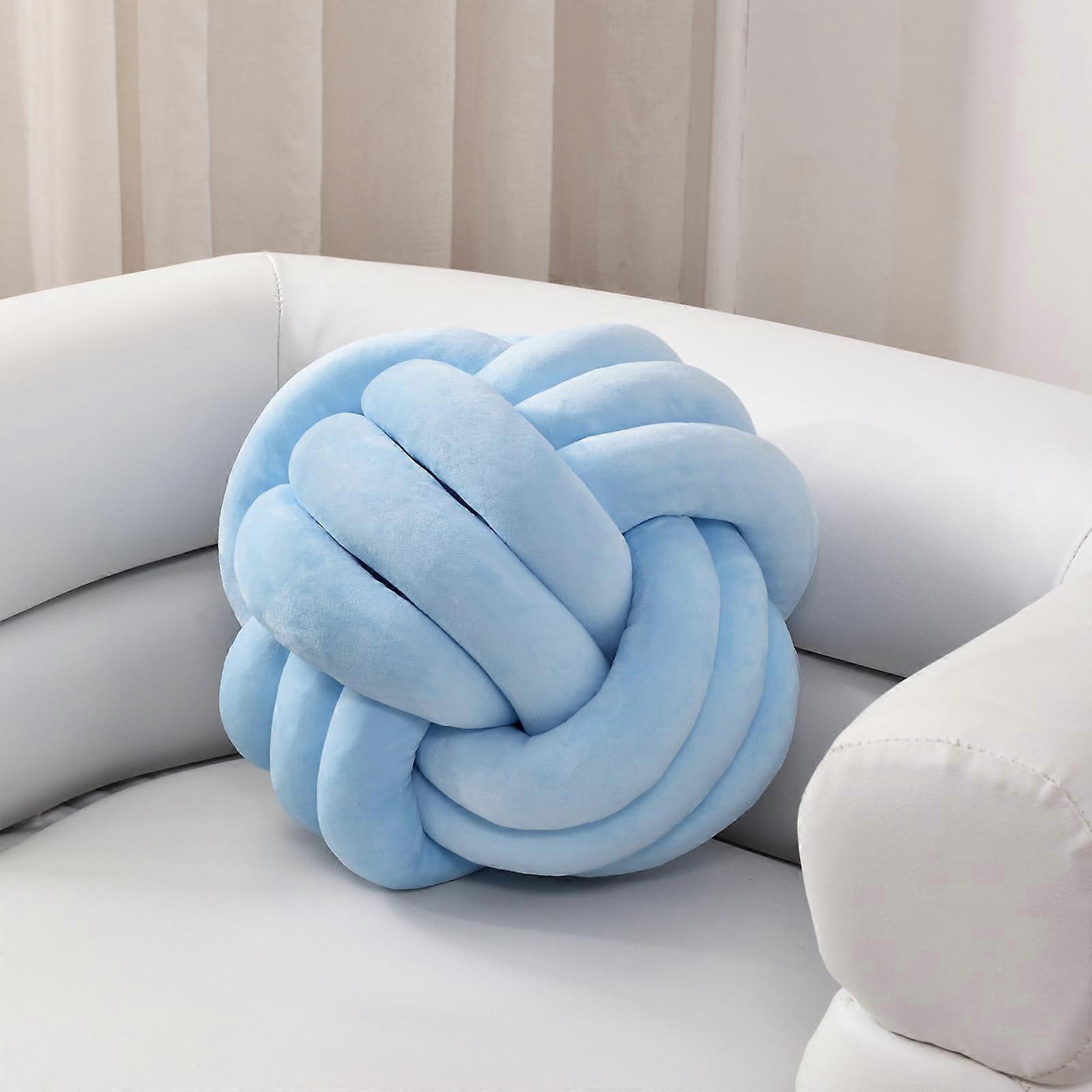Knot Pillow - Soft Plush Round Boucle Throw Pillow for Bed and Living Room, Hand-Knitted 10.6 Inches Blue Cushion