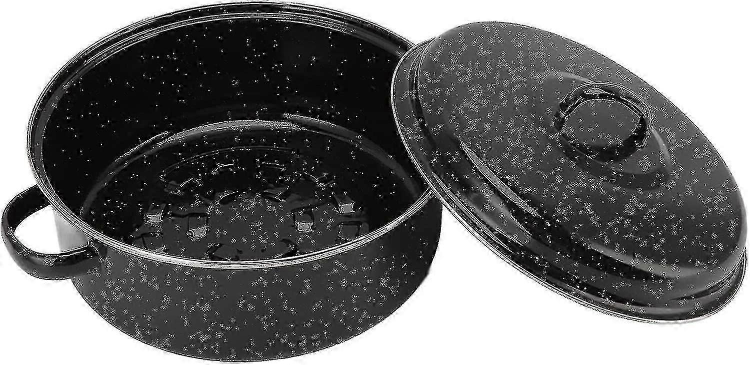 Covered Round Roaster, Non Stick Roasting Pan With Lid And Shelf,enamel Broiler Pan (24cm)