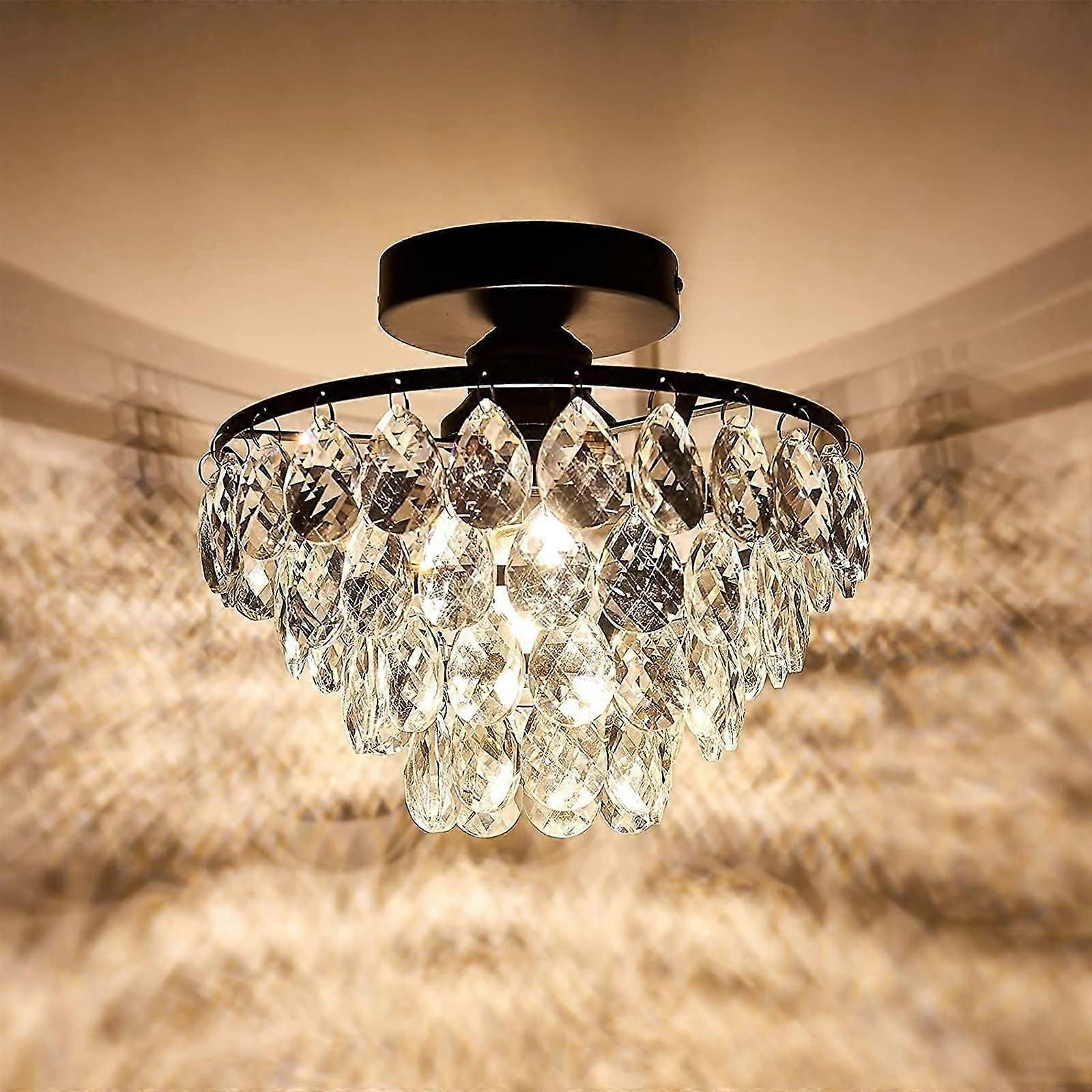 Modern Small Crystal Ceiling Light Mini Black Semi Flush Mount Chandelier 10 Inch