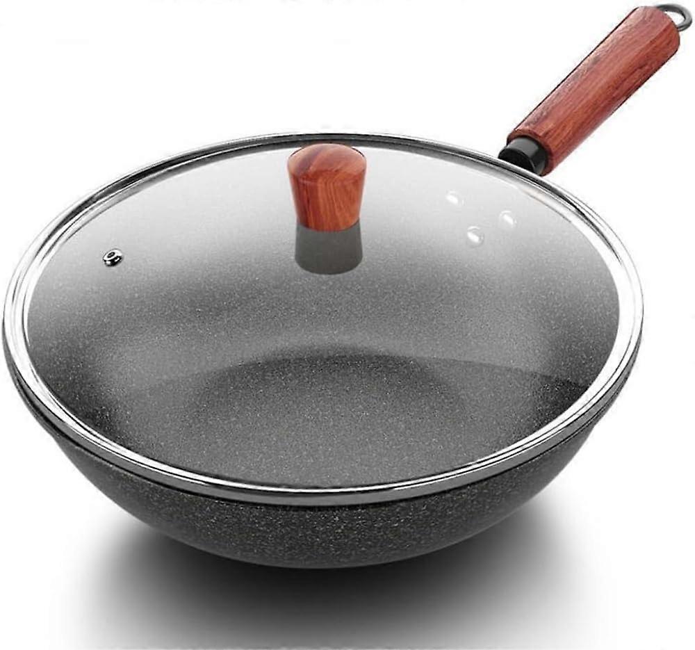 Cast Iron Wok Large Deep Induction Frying Pan with Non-Stick Surface, Glass Lid and Handle for Versatile Cooking