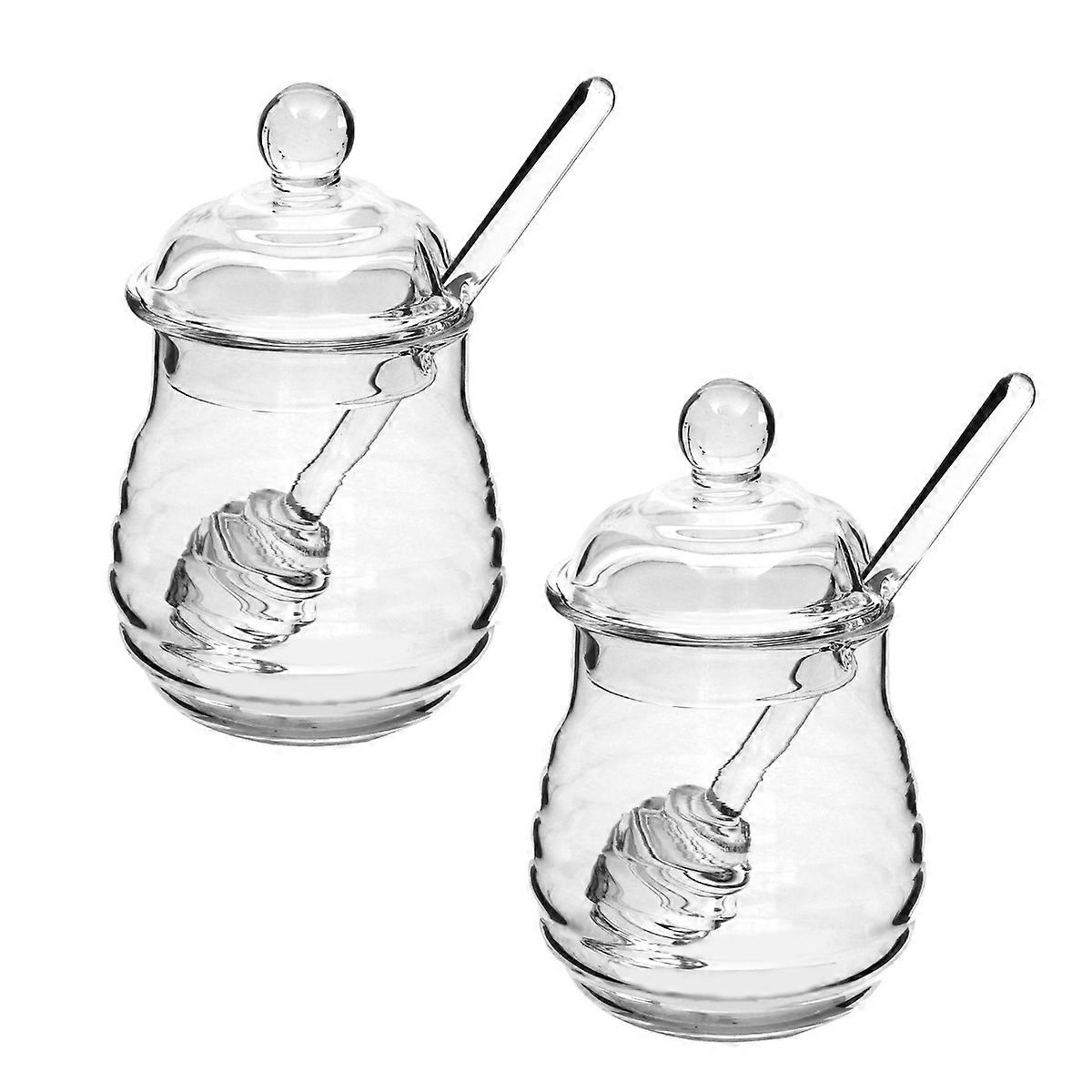 Clear Glass Honey Jar Set with Lid and Spiral Dipper High Borosilicate Honey Pots for Kitchen Transparent Vintage Style Sweet Jar