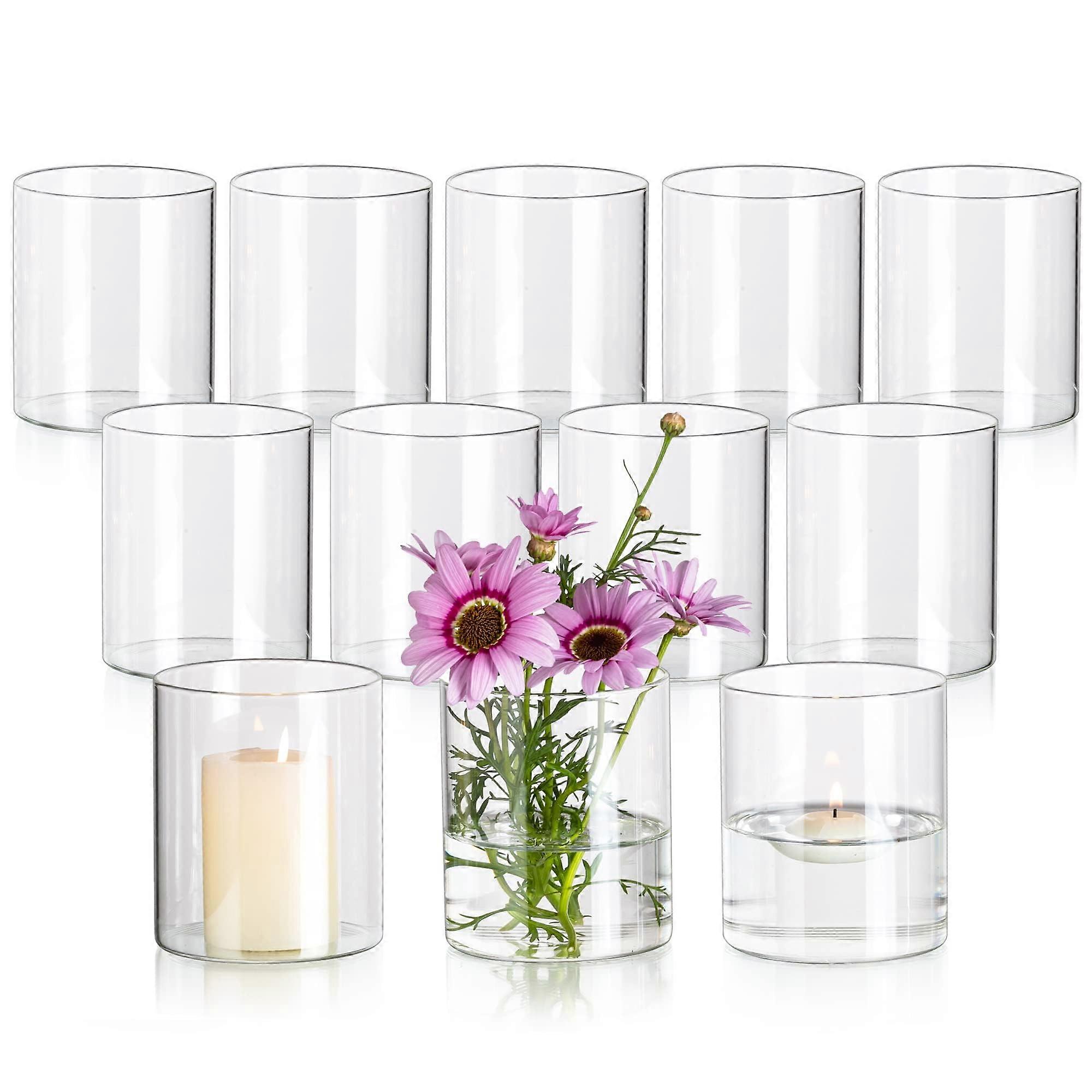 Glass Cylinder Vase Pack of 12, 10 x 8.5 cm Clear Modern Flower Vases for Table Decoration and Candle Holders