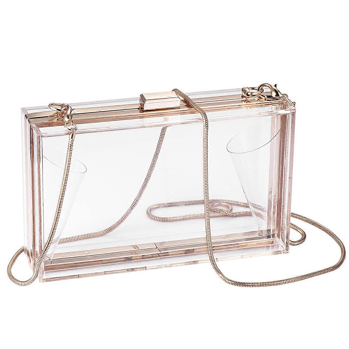 Clear Purse Clutch Handbag Women Rectangular Hard Shell Golden Metallic Kiss-Lock Closure 17.8 x 10.6 x 5 Cm 1Pcs