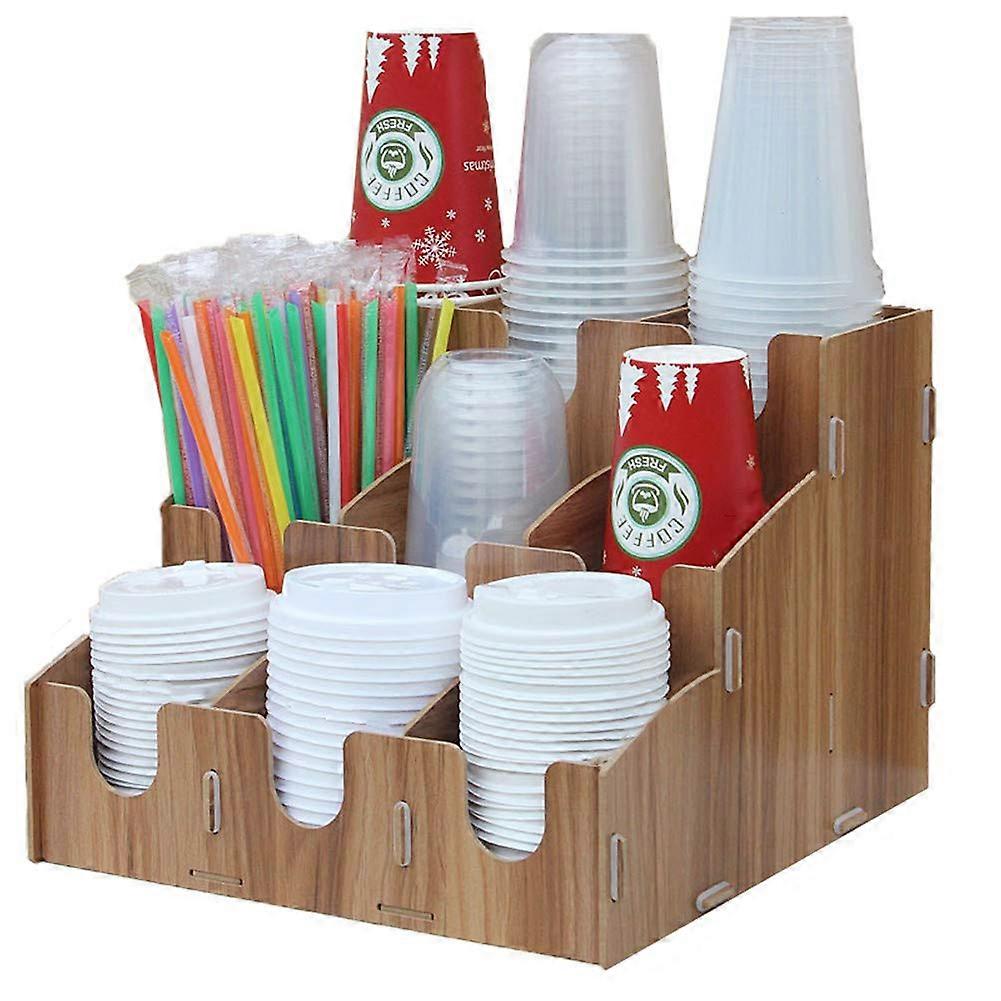 Disposable cup holder storage box with multiple compartments for coffee drink paper cups, lids, and straws organizer box brown 9 grid