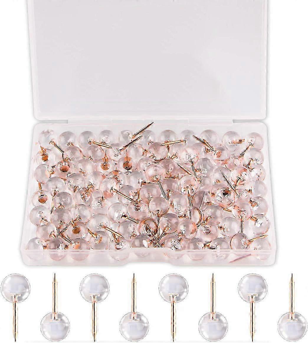 Rose Gold Map Tacks with Large Size Pins - 100-Count Steel Point & Transparent Plastic Round Head