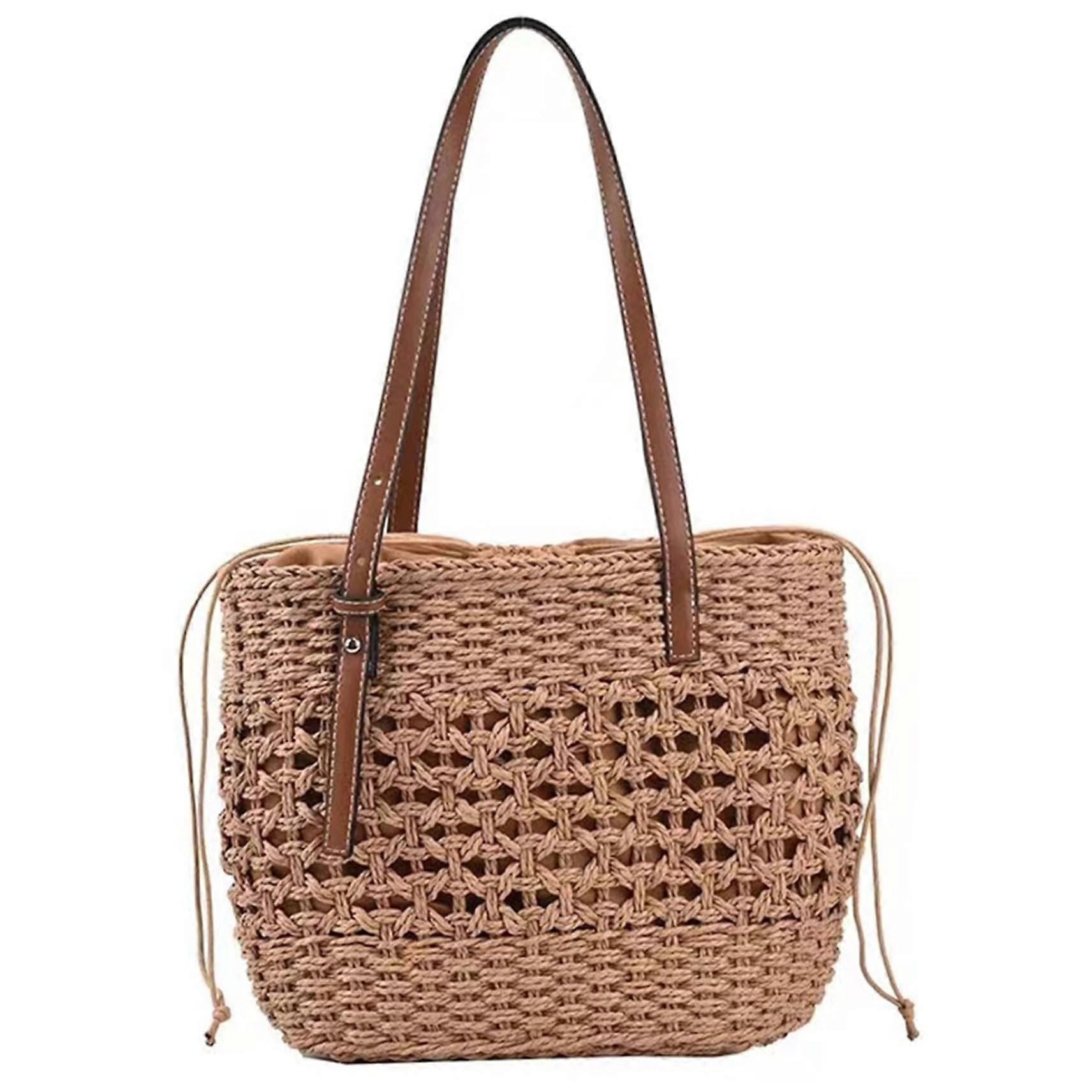 13 x 9 x 4 Inch Handwoven Straw Beach Bag with Adjustable Strap and Drawstring Closure, Light Brown Straw Handbag for Women