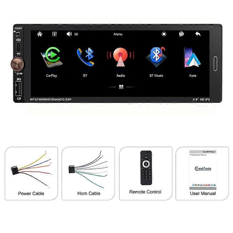6.9" Single DIN Car Radio Wireless CarPlay Car Bluetooth 5.2 AM FM Radio IPS 1280x480 Backup Camera