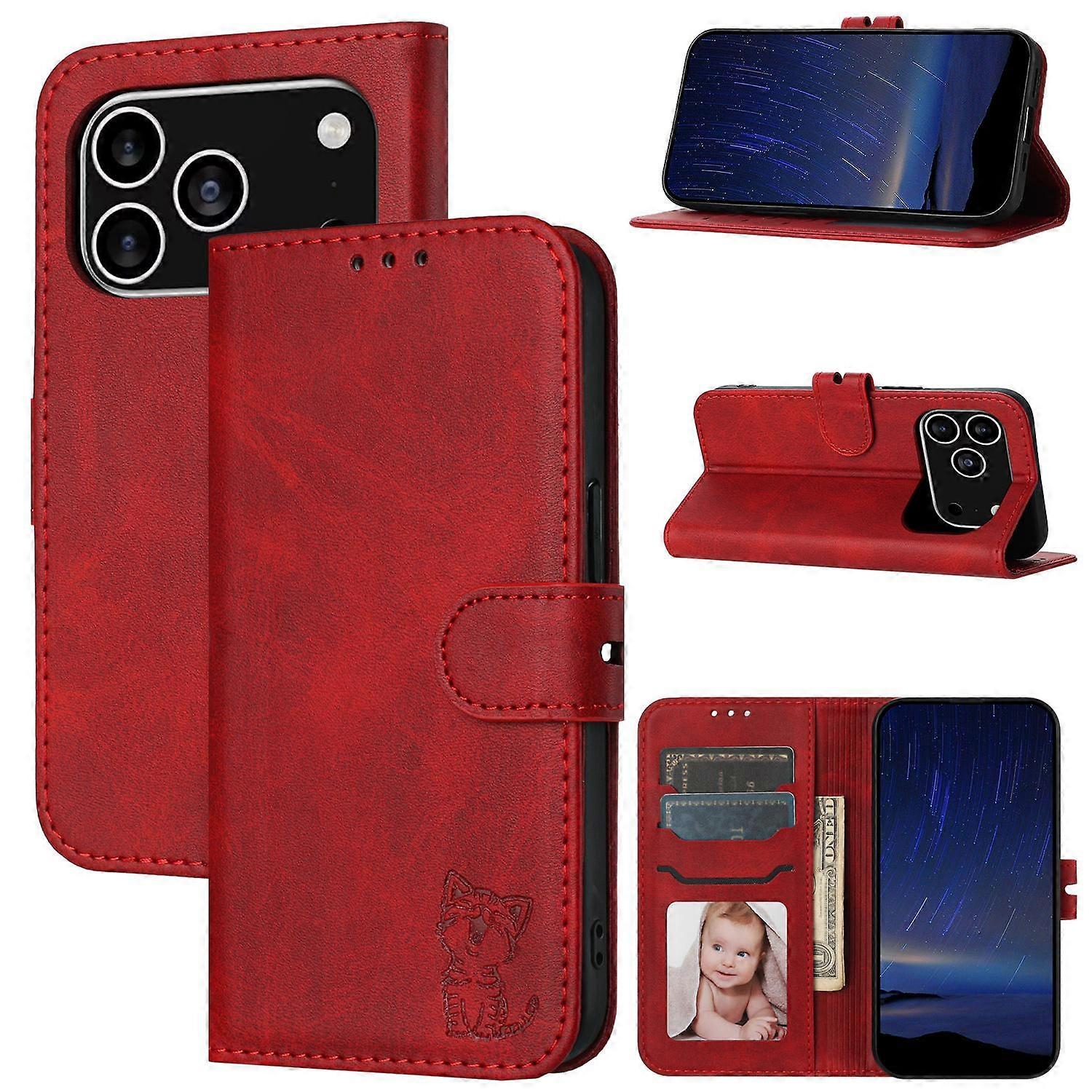 For iPhone 17 Pro Embossed Happy Cat Pattern Flip Leather Phone Case