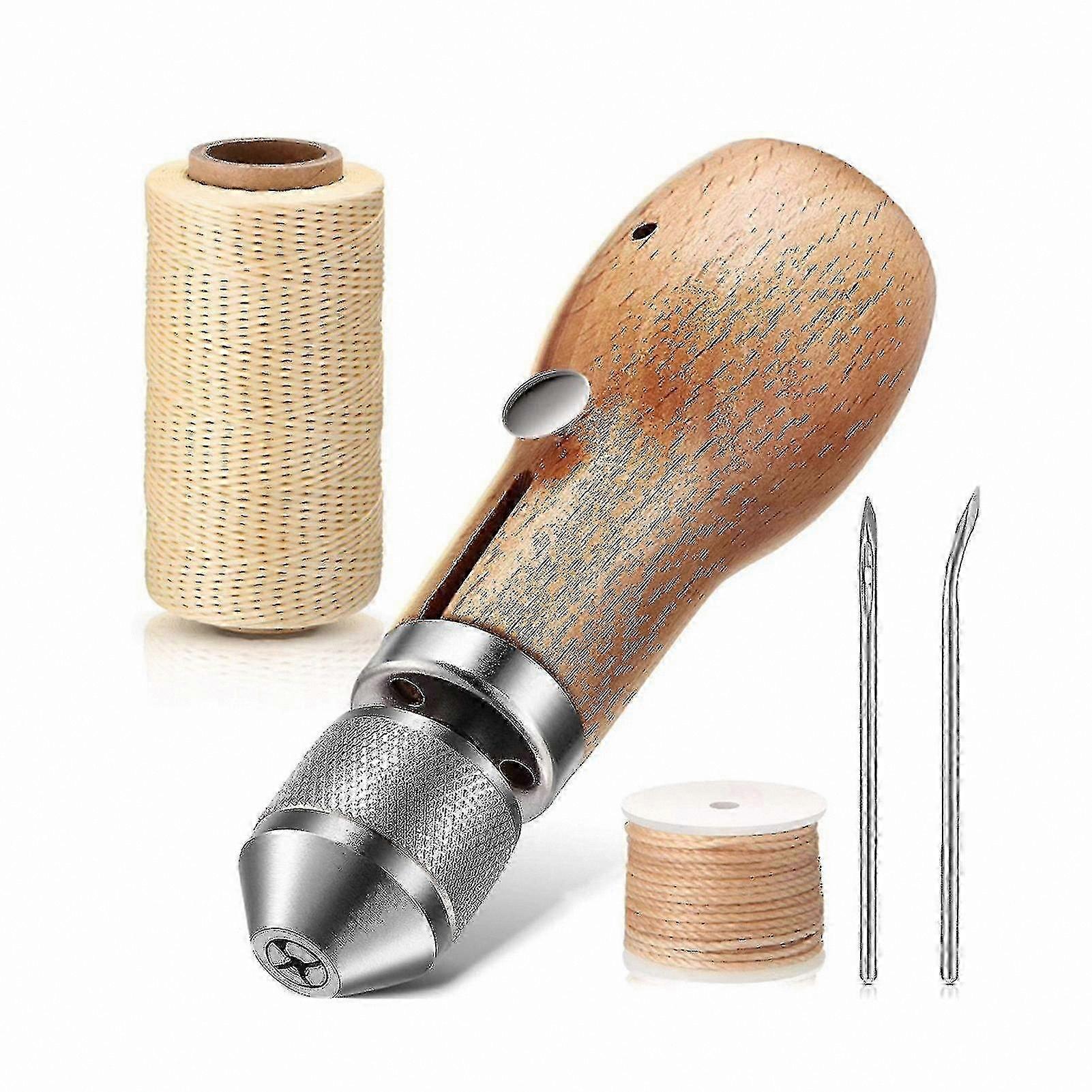 Wooden Handle Awl with 2 Needles and Manual er for Leather Crafting Projects