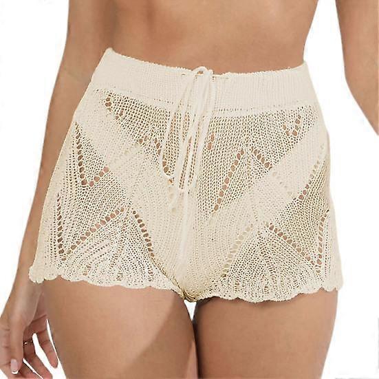 Women Beach Shorts Knitted Hollow Out See through Drawstring Elastic High Waist Strechy Solid Color Bikini Briefs Covering Mini Shorts Summer