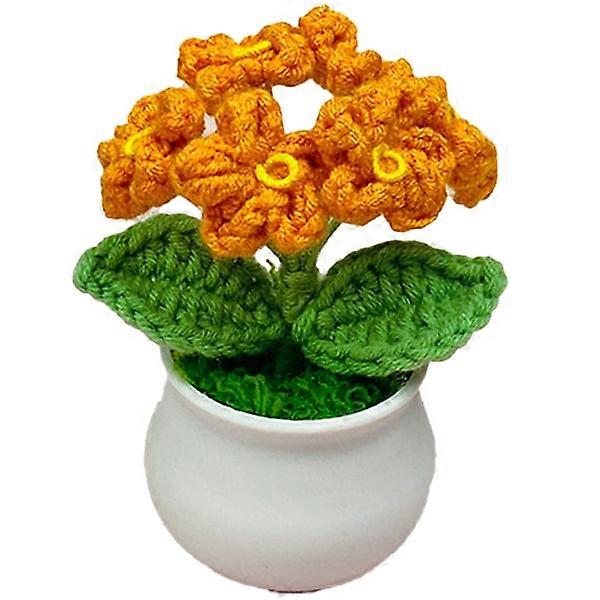 キャラメル色の手作りかぎ針編みの花ワスレナグサ小さな植木鉢、模造花