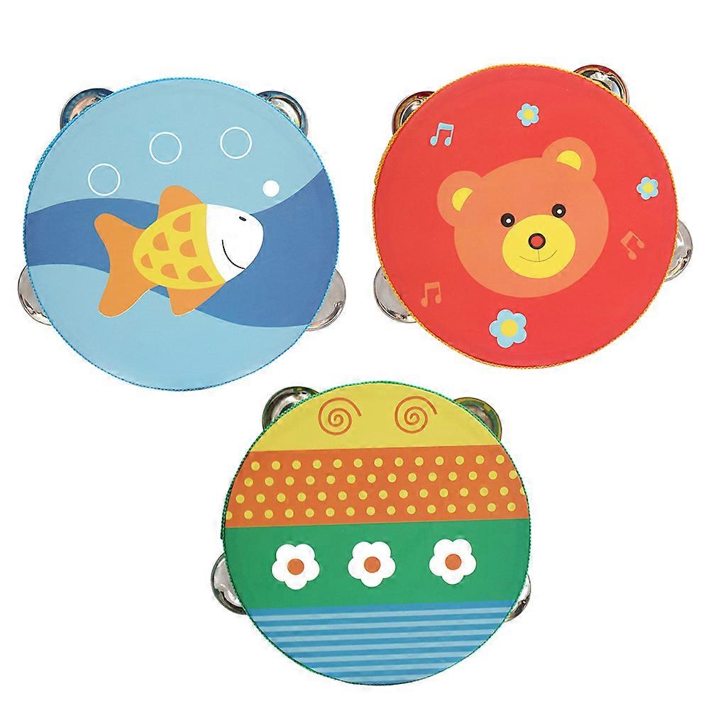 Colorful Kids Tambourine Musical Instrument with Cartoon Pattern Wooden Toy for Preschool Musicians 10CM