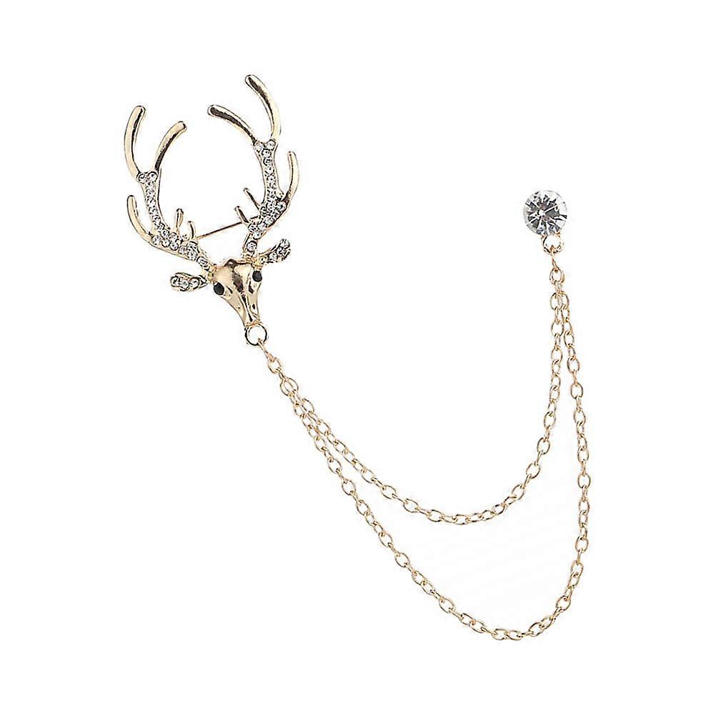 1Pc Elegant Men Elk Brooch with Hanging Chain and Rhinestone for Suit