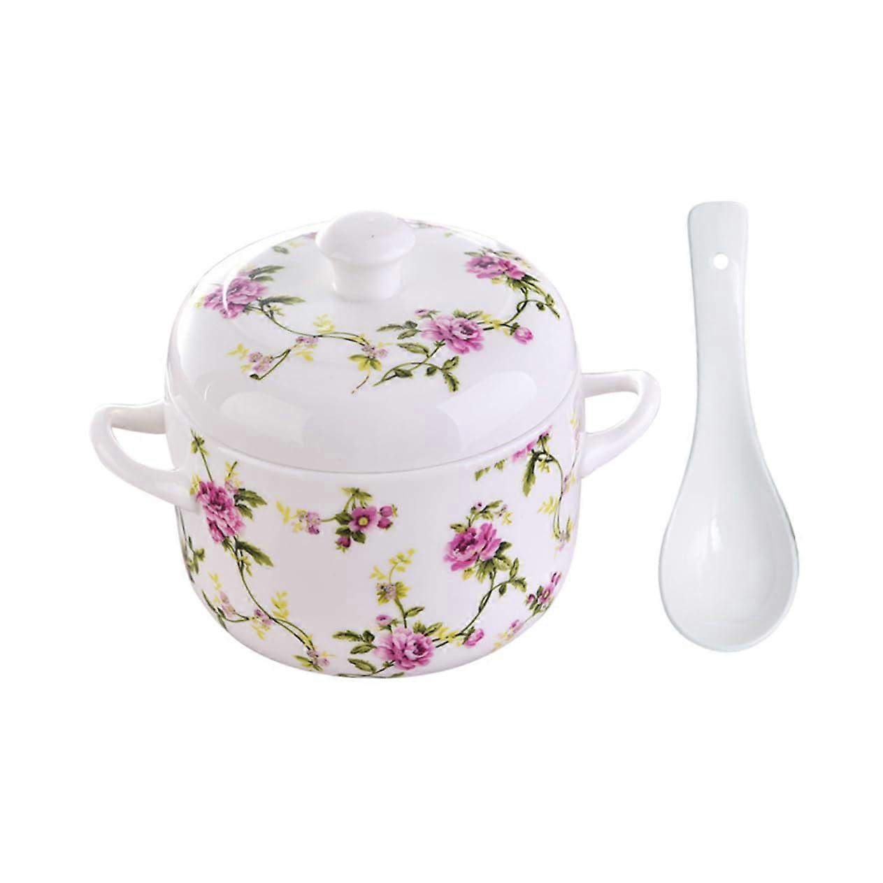 Ceramic Dutch Pot with Double Lid Soup Bowl Spoon Cookware for Household Restaurant Use Smooth Easy to Use Random Color