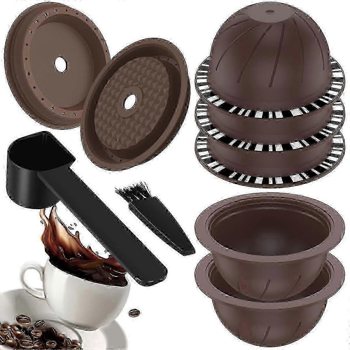 5Pcs Reusable Vertuo Pods for Machine, Coffee Capsule with 2 Silicone Lids 1 Spoon and Brush, (150Ml)