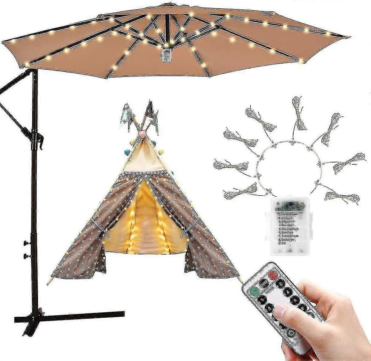 Patio Umbrella String Lights, 104 LEDs, 8 Brightness Modes, Warm White