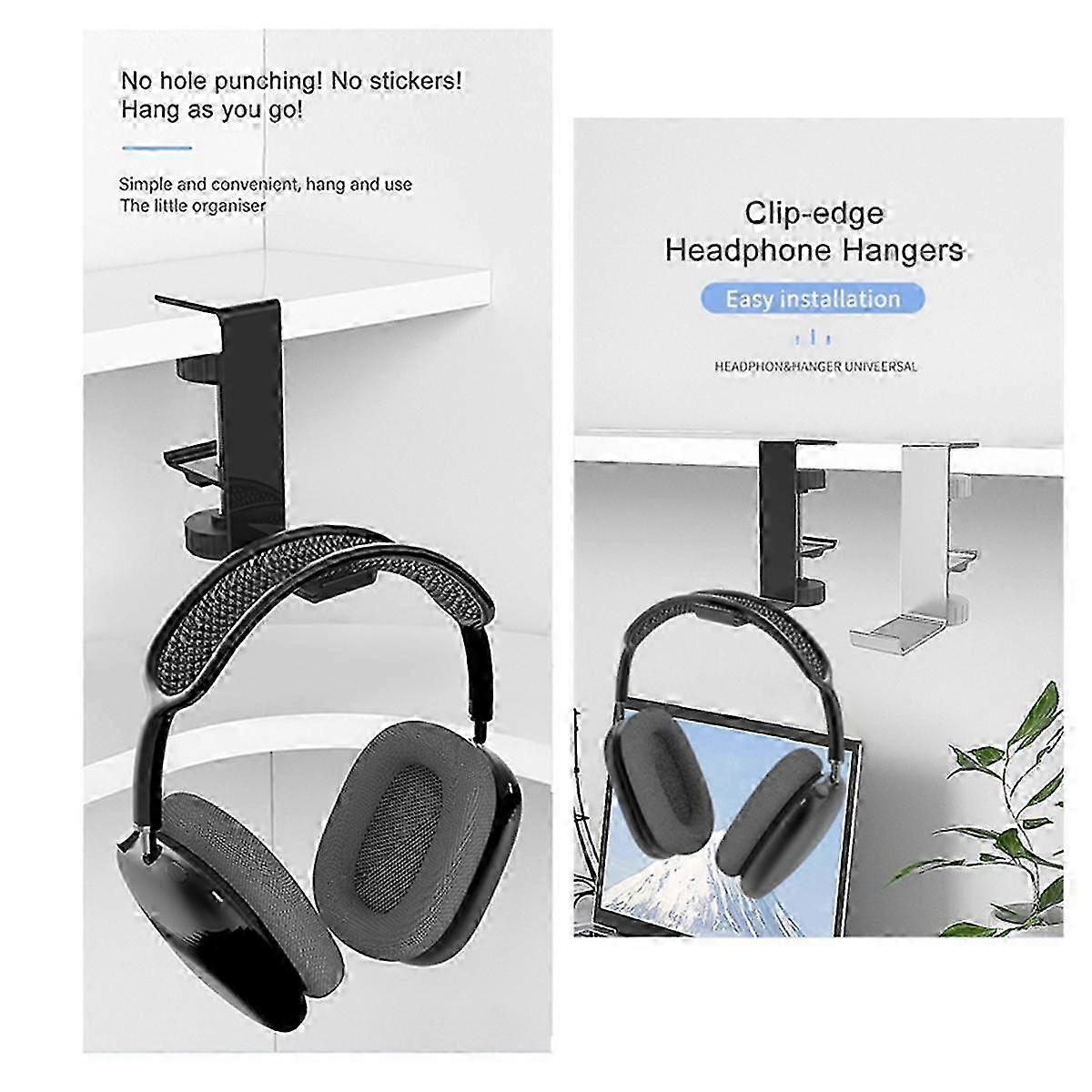 Clip-on Headset Holder - Universal Metal Desktop & Countertop Hook Bracket in Black for All Headsets