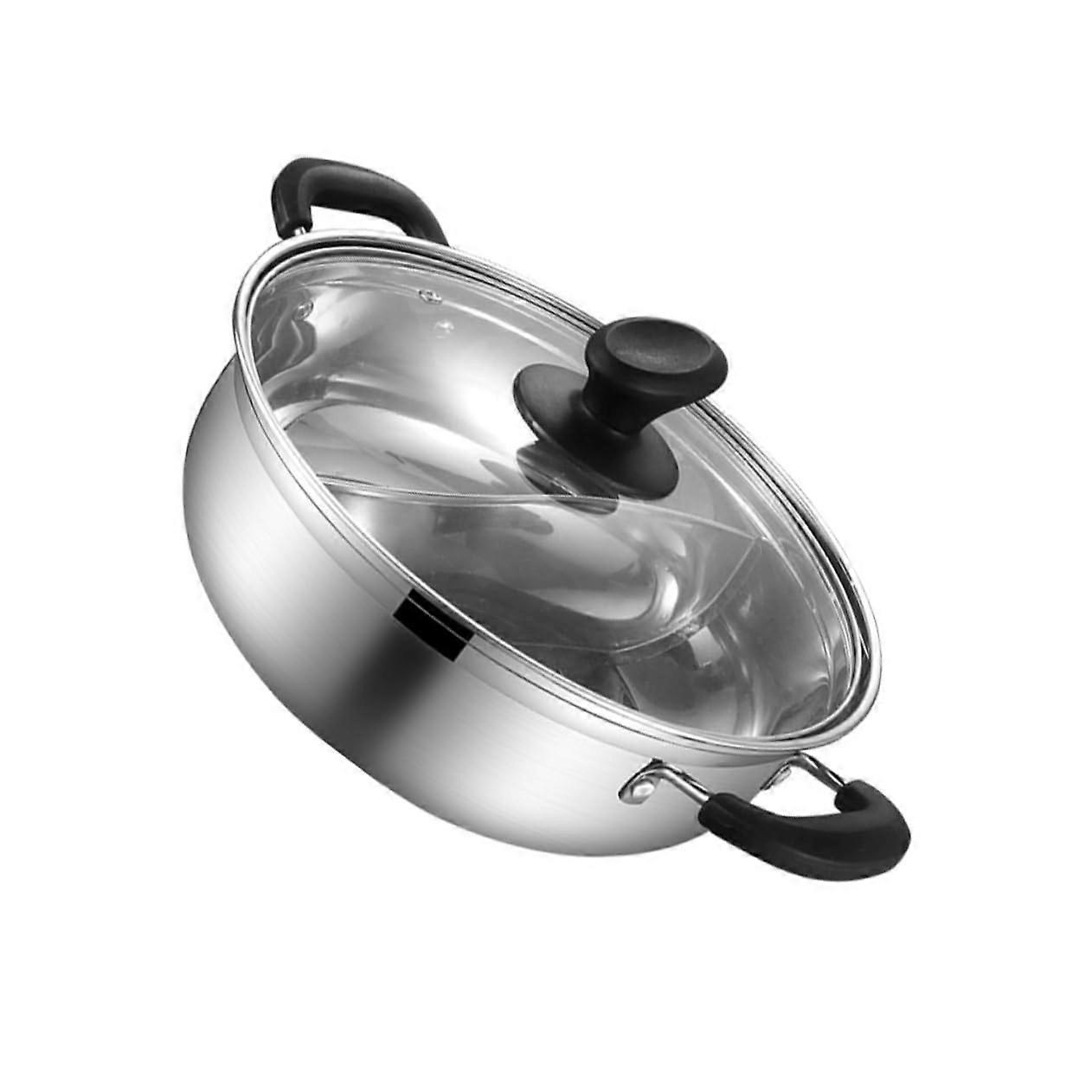Stainless Steel Two Flavor Hot Pot With Divider Induction Compatible Transparent Lid Scald Handles Fast Heat Conduction