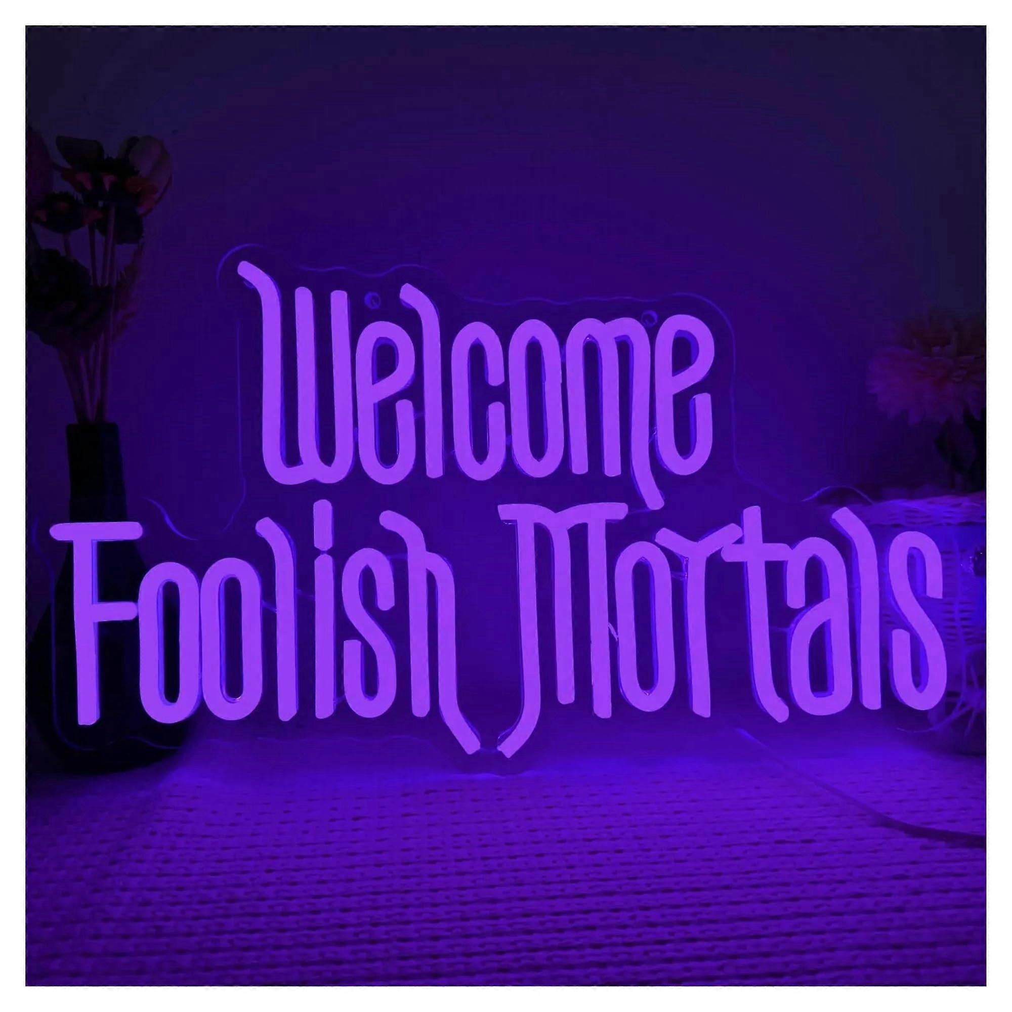 Hanging Art Neon Signs USB Powered Neon Sign Welcome Foolish Mortals Dimmable Gothic Haunted Mansion Coffin LED 41x24 Cm