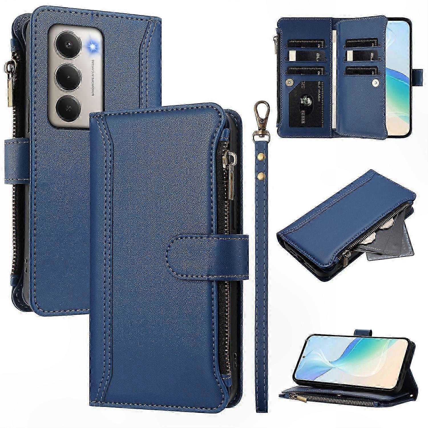 Leather Phone Case with 9 Card Slots, Zipper Wallet, Stand Function, and Wrist Strap for 15 5G Model