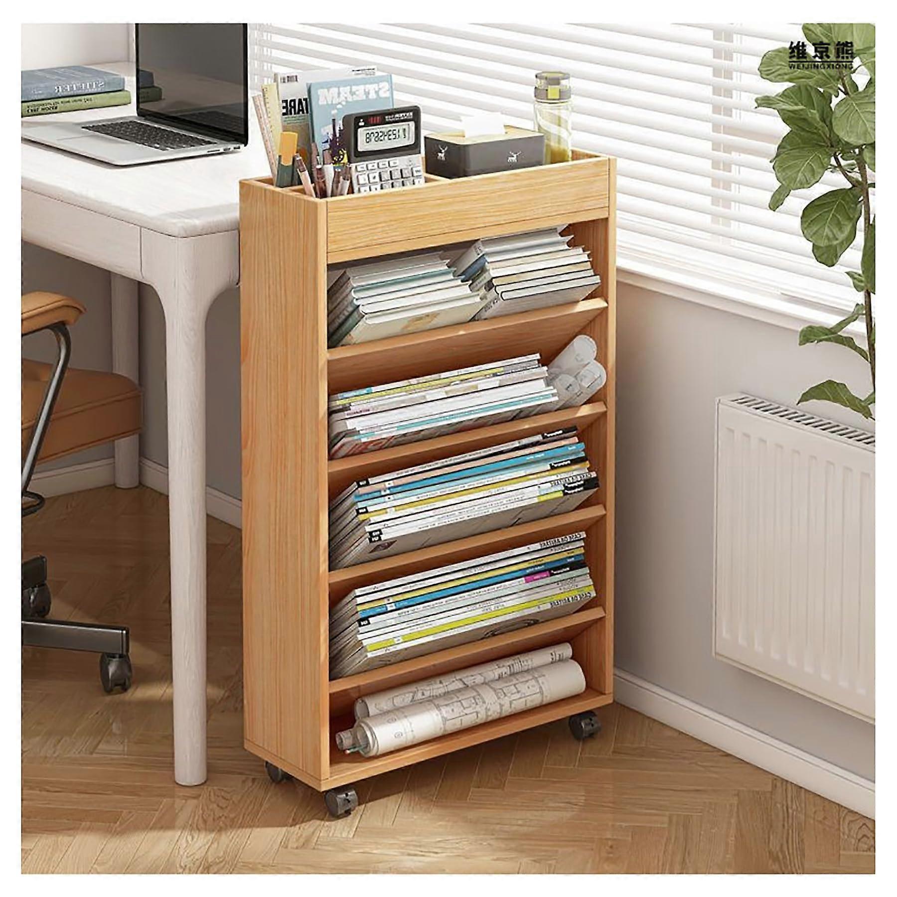 Wooden Rolling Storage Cart Office Brown Finish Mobile Bookshelf With Wheels Multi Tier Vertical Shelves