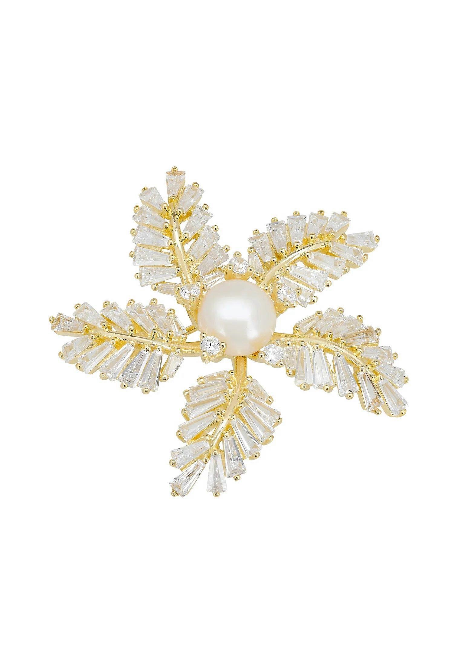 Latelita Women's 925 Sterling Silver and 18ct Gold Star-Shaped Brooch with Baguette-Cut Zirconia and Majorica Pearl - Gold - 4.0 cm