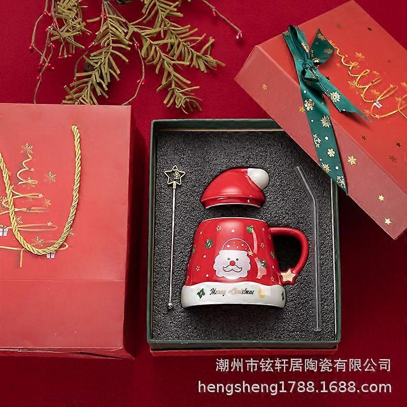 Christmas Ceramic Mug Set with Stirring Stick and Straw Creative High Value Gift