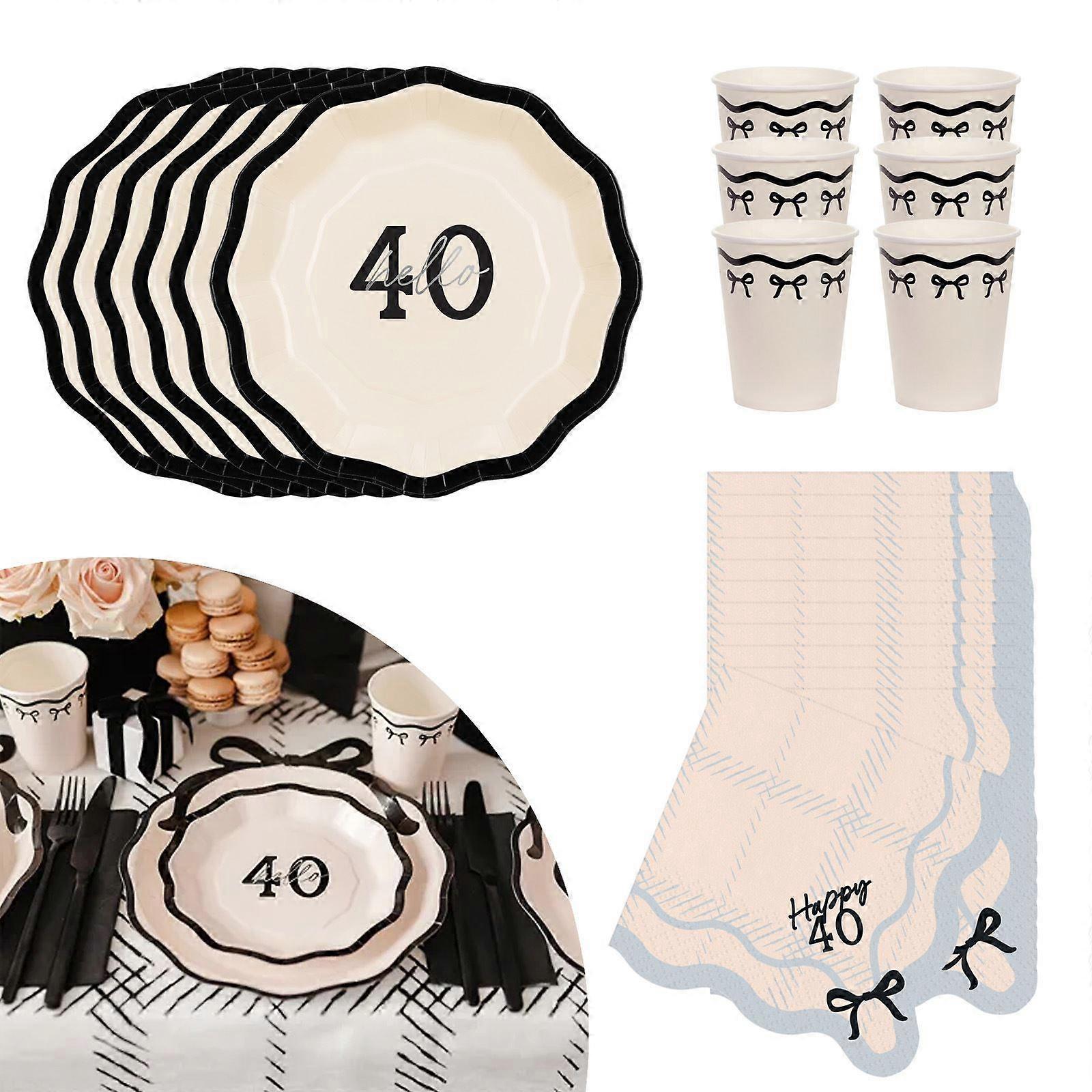 Elegant 40th Birthday Party Tableware Set - Black and Gold for 6