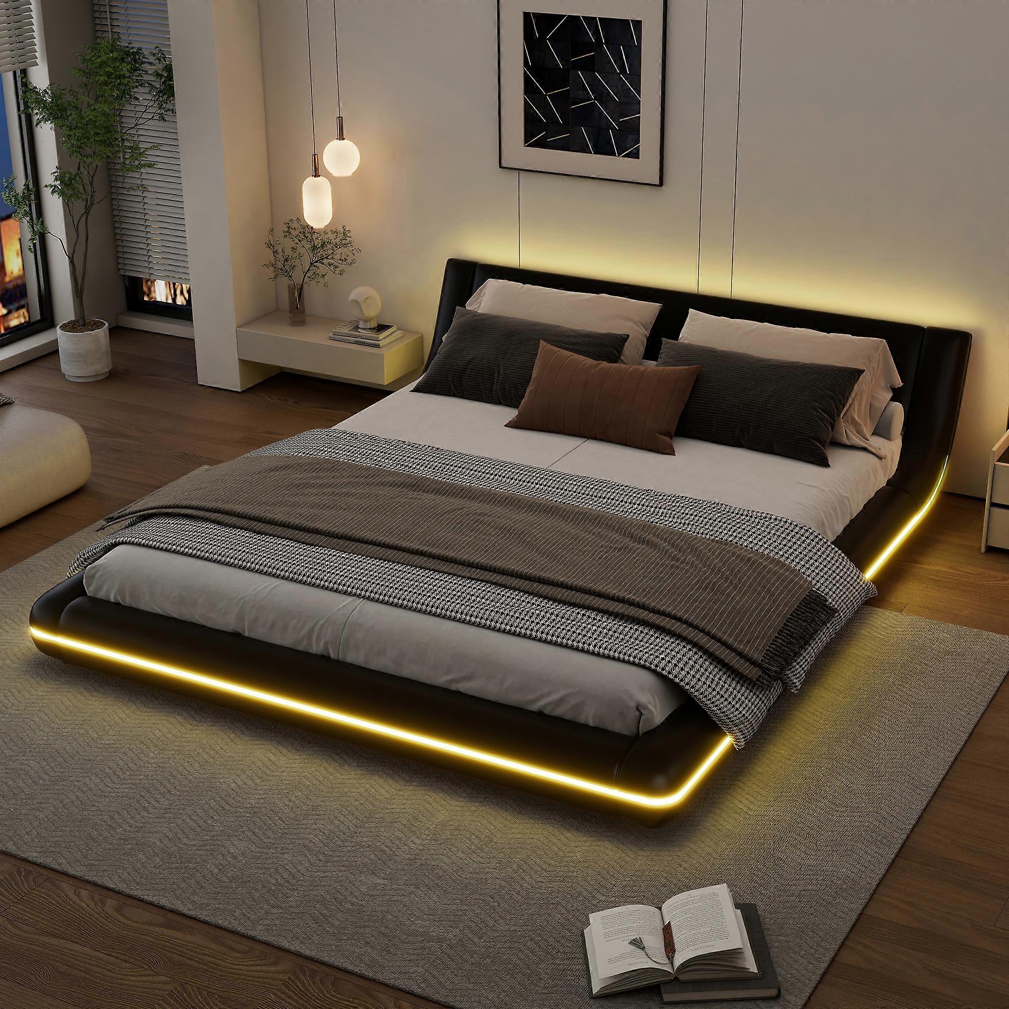 Black PU Platform Bed 160x200cm LED Ambient Lighting Low Profile