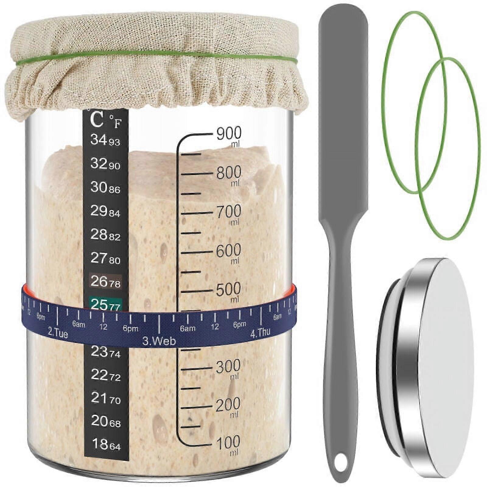 Qenwkxz 5pcs Sourdough Starter Jar Kit 900ml with Scale, Stainless Lid, Spatula, Feeding Band, Glass Fermentation Jar for Baking
