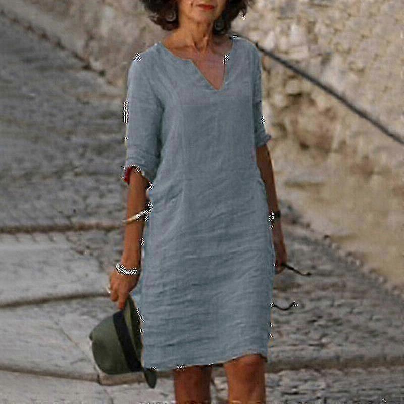 Robe mi-longue ample à manches courtes en coton et lin pour femme, couleur unie, col en V