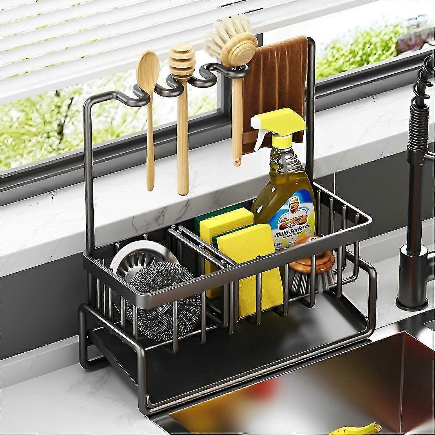 Kitchen organizer draining rack with drip tray and self-draining function for efficient storage