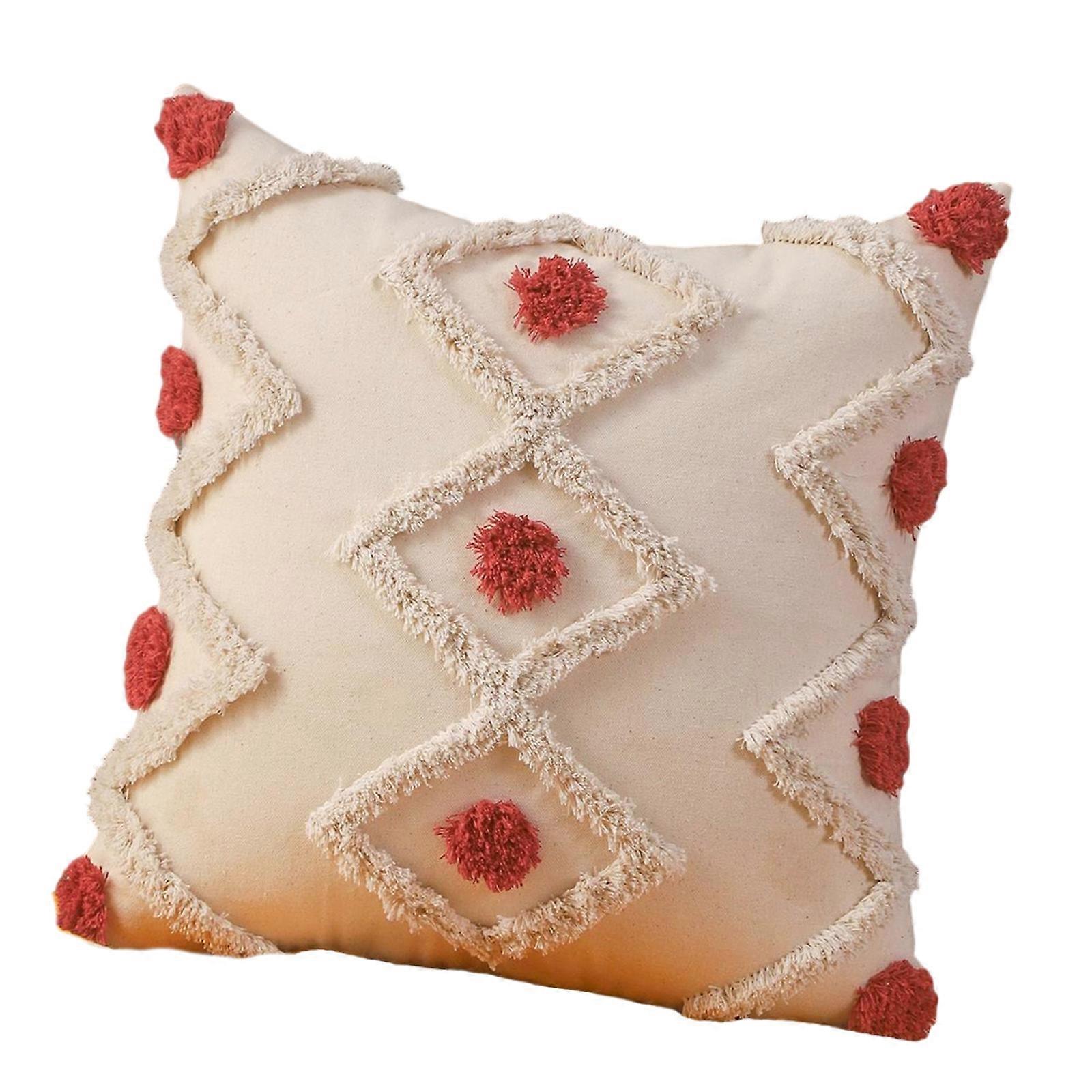 Tufted Linen Pillowcase Soft Comfortable Materials Standard Size Home Decoration  Red