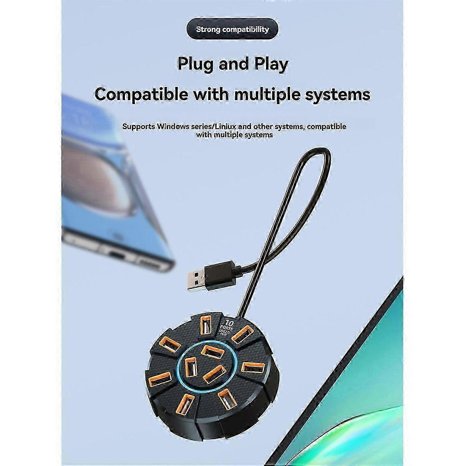 USB 2.0 Hub Multi Splitter Adapter 5Gbps High Speed USB Splitter Power Adapter Multiple Expander for PC Laptop, 10 Ports