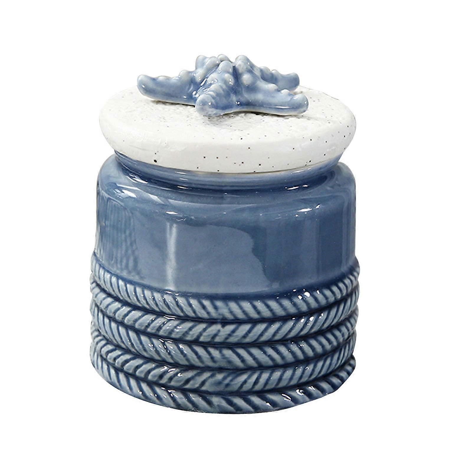 Ceramic Sugar Bowl with Lid, Elegant Deep Sea Starfish Design, Kitchen Storage Container Blue
