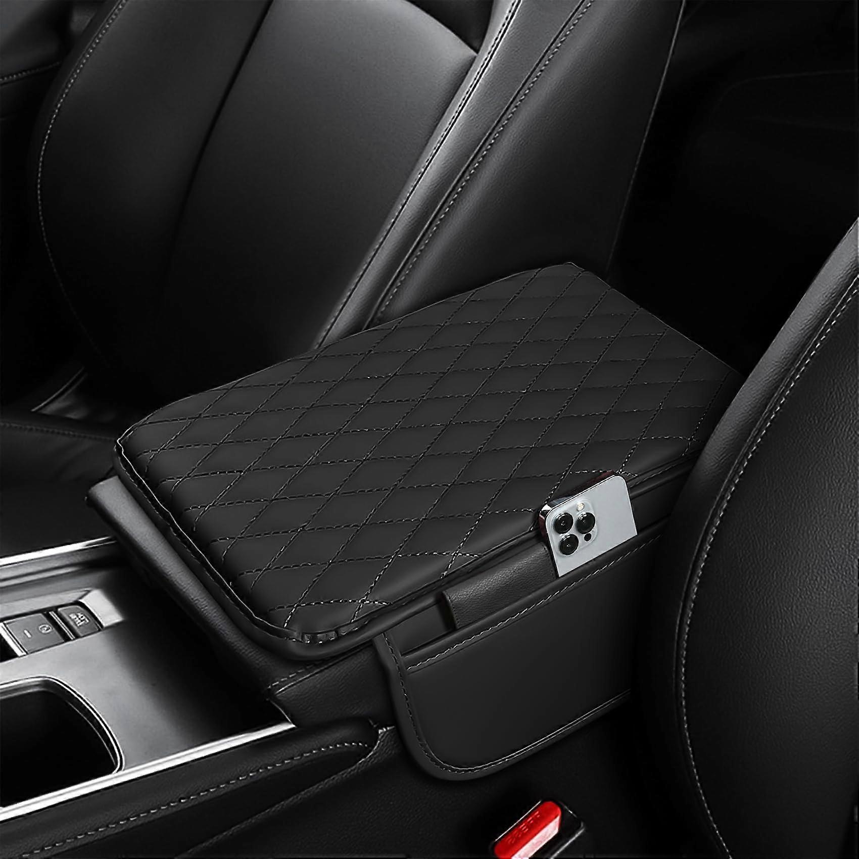 Leather Car Armrest Cover with Storage, Memory Foam Center Console Pad, Universal Fit Black