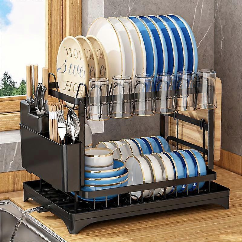 ��Holiday Deals��Bepatio Double-Layer Kitchen Countertop Drain Rack, Metal Material, with Drain Board, Can Hold Tableware, Carbon Steel Materi