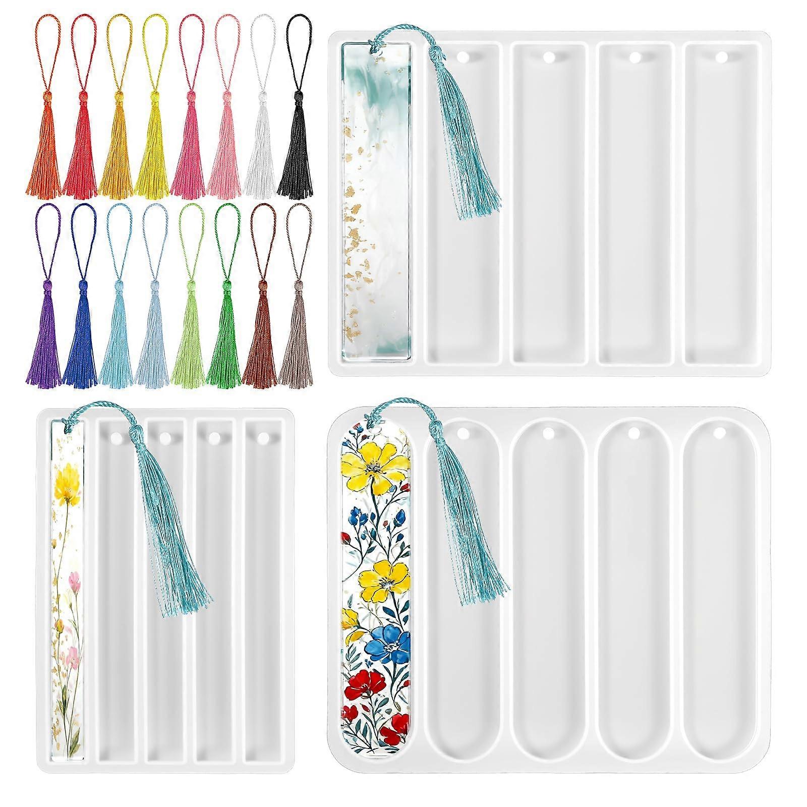 Resin Bookmark Mold Kit with 3 Silicone Molds and 16 Tassels for DIY Epoxy Crafting