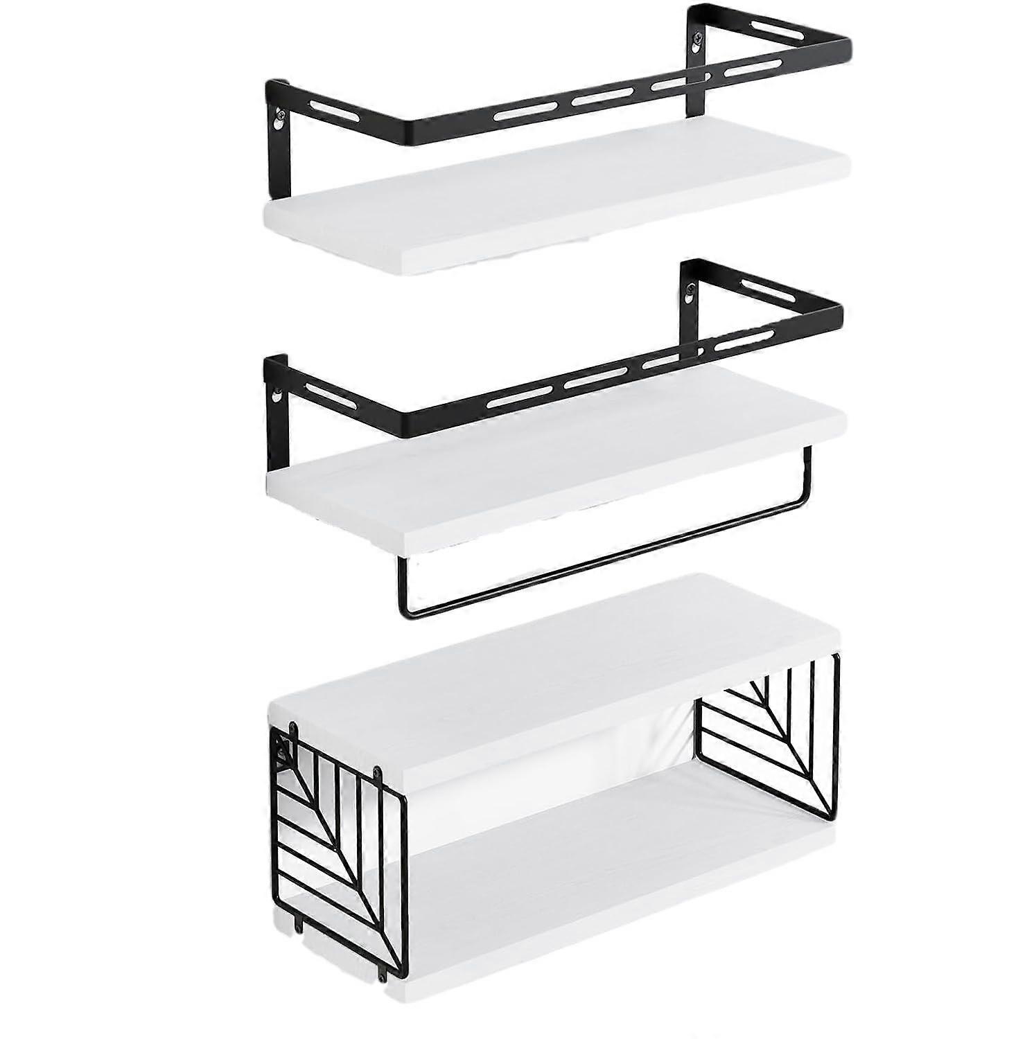 Bathroom Over Toilet Shelf with Towel Bar, Rustic Wood Floating Shelves with Metal Frame, White