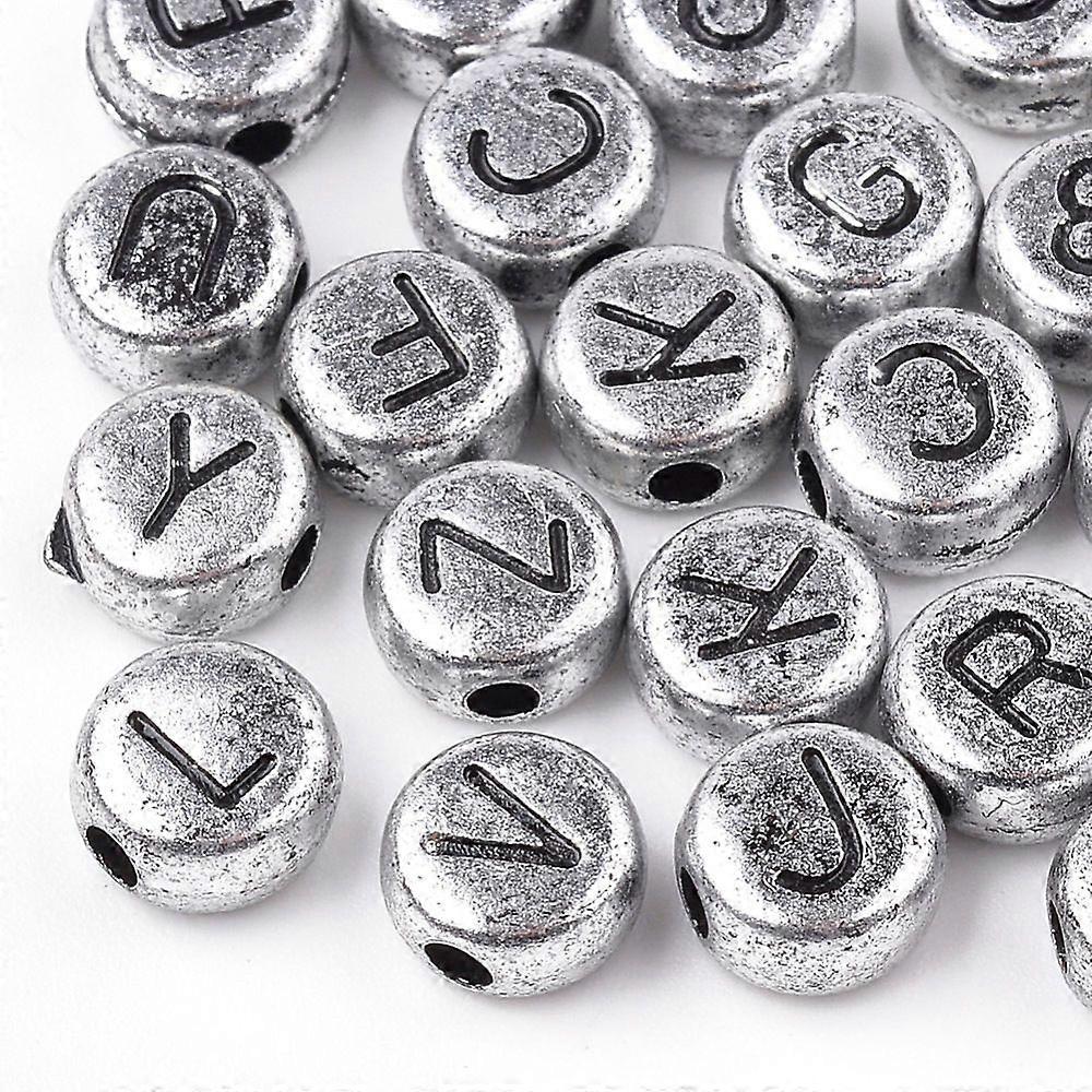 Acrylic Beads Horizontal Hole Mixed Letter Flat Round Silver 7x4mm Hole: 1mm