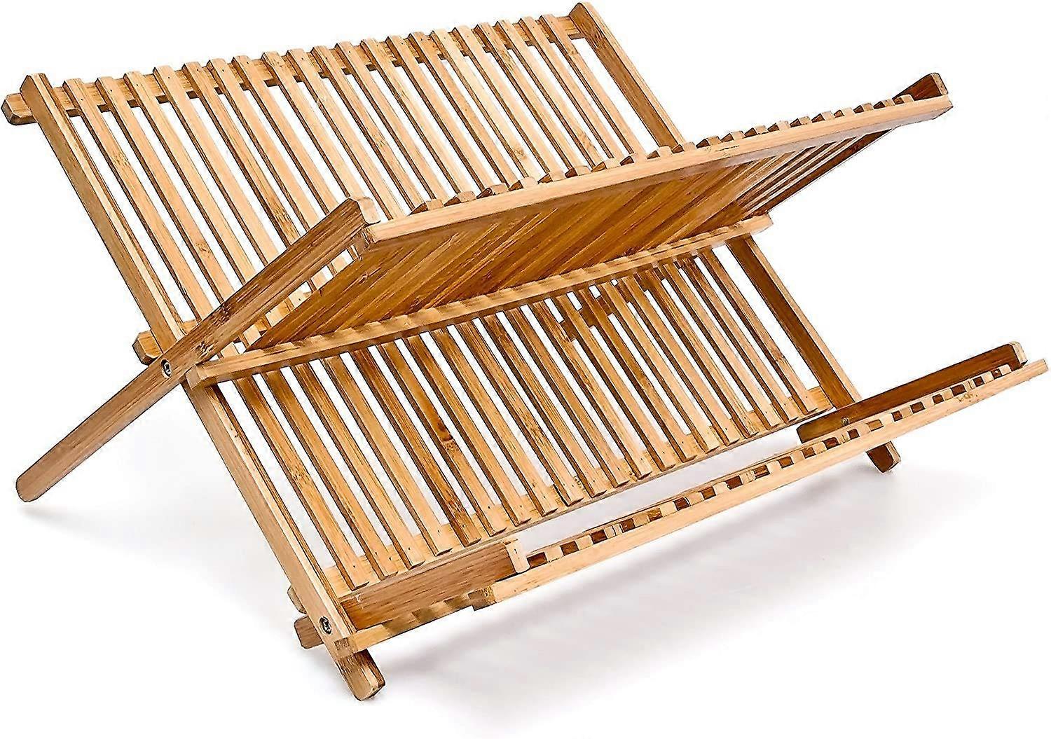 2 Tier Bamboo Dish Drying Rack with Waterproof Board, Foldable Space Saving Kitchen Countertop Organizer, Natural Brown