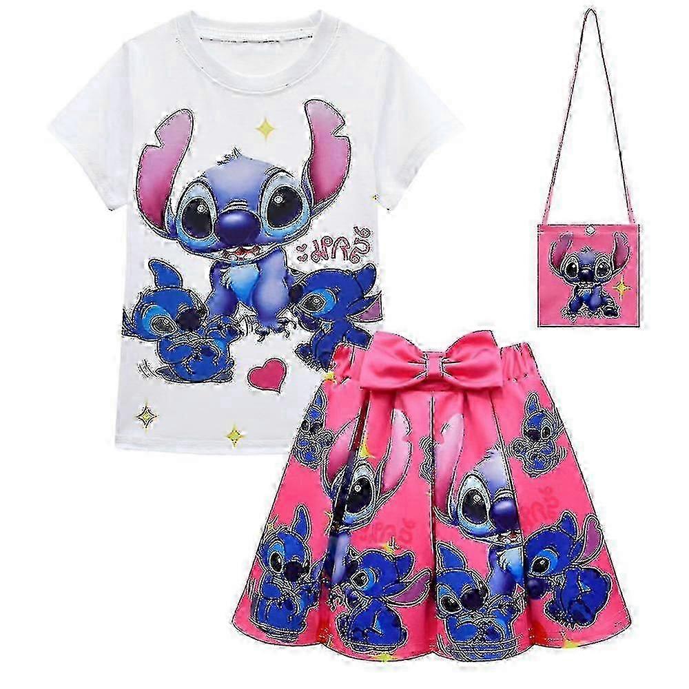 26-27 Kids Girls Lilo and Stitch T-Shirt+Pleated Skirts+Bags Outfit Set Party Dress SHJ