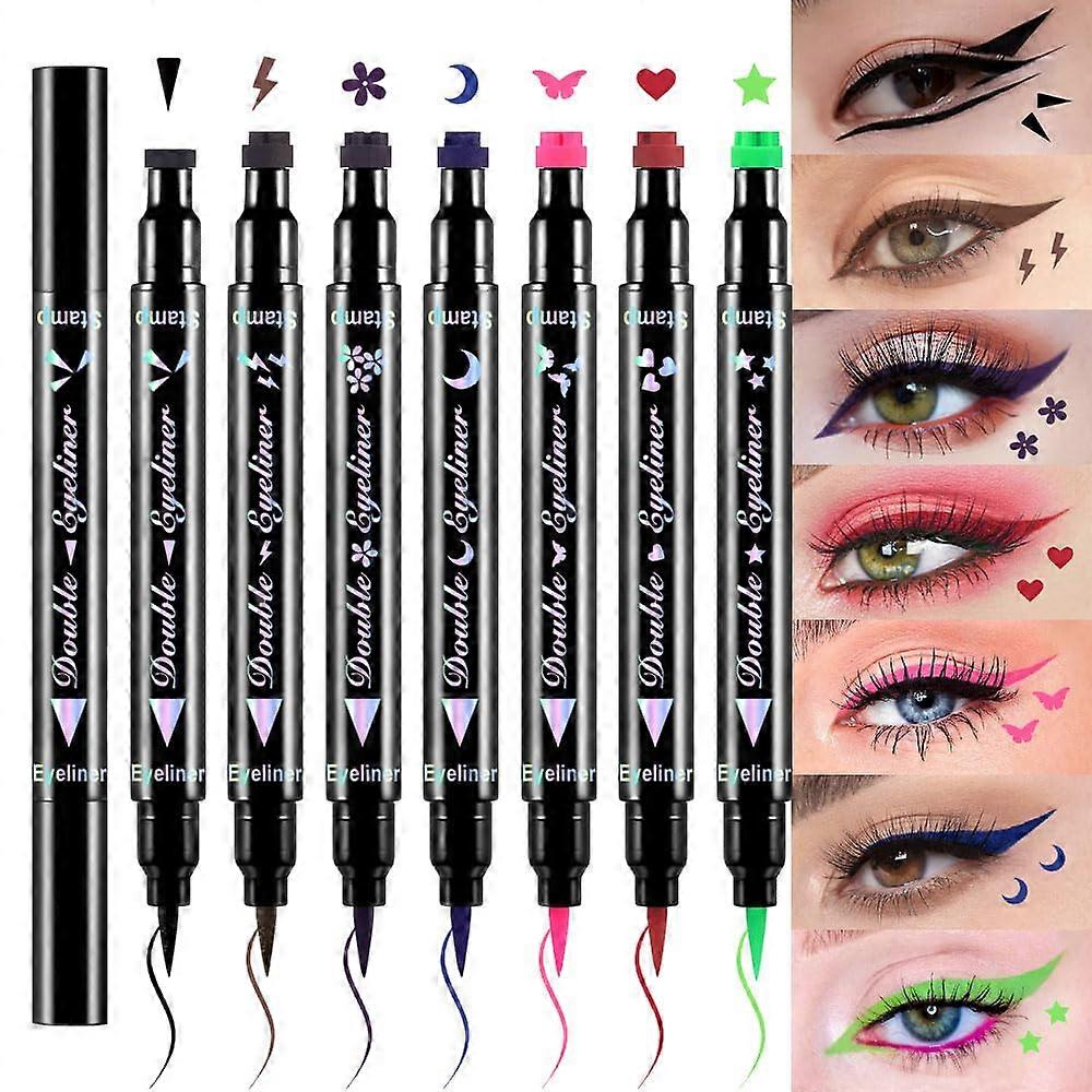 7Pcs Colored Eyeliner Set Waterproof Winged Stamp Kit DualHead Design for Cosplay Gothic Makeup