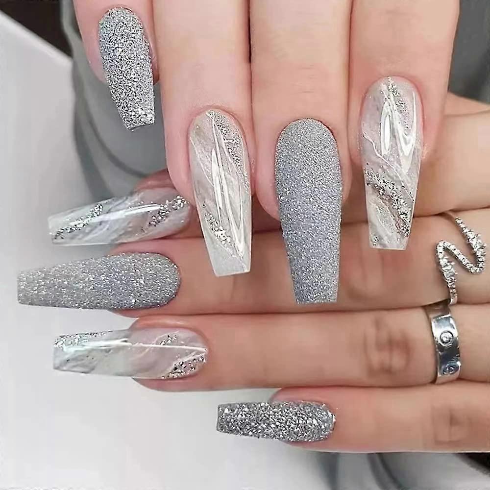 Long Ballet Press on Nails Gray White Marble Design Square Acrylic False Nails 24Piece Set