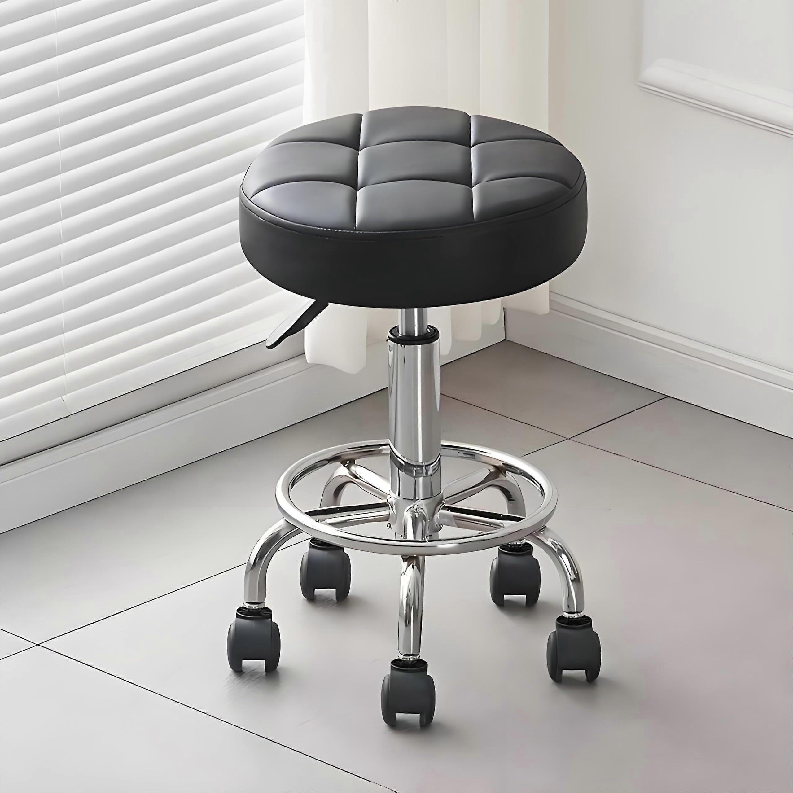 Rolling Stool with Wheels PU Leather Hydraulic Height Adjustment Plush Memory Foam Seat Black