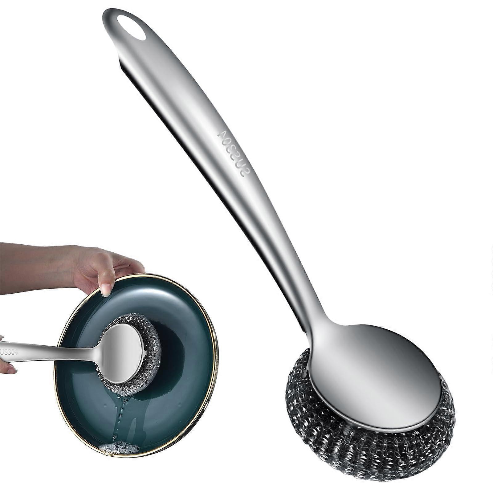 Stainless Steel Dish Scrubber with Long Handle, Non Scratch Pot Cleaner for Kitchen Use